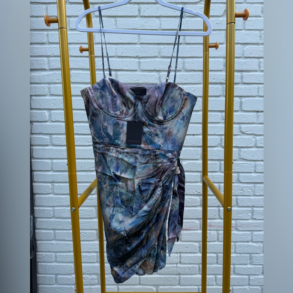 Michael Costello Multicolor Satin Mini Dress with Draped Side Tie size M